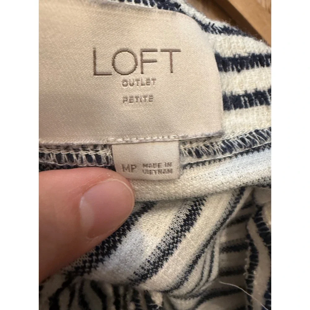 LOFT Sweater Blazer Womens MP White Navy Blue Stripe Peplum Knit Cardigan